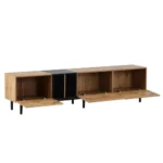Goldoma modern minimalist TV stand for 80-inch TV in natural wood finish with three pull-down doors