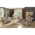 Gray and off-white damask chesterfield loveseat with sleeper function and toss pillows by Goldoma