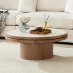 Goldoma 35.43 inch modern square coffee table with solid wood top and pedestal base in living room