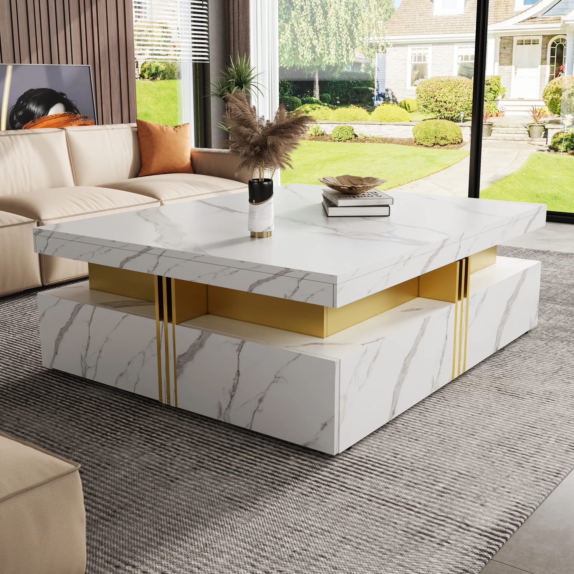 Hb4363f518c4649c9933684b354ea7e92w.webp Modern white square coffee table with 4 drawers in living room - Goldoma