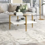 Goldoma 32 inch white and gold glass and steel square coffee table with shelf modern living room furniture