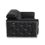 Genuine leather sectional sofa in black with silver trim, 89 inches wide, featuring tufted stitching and modern L-shape design