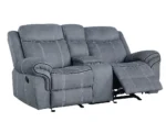 Goldoma velvet reclining loveseat with tufted back and storage armrests in a modern living room