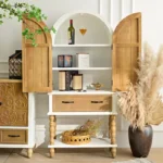 Goldoma solid wood tall sideboard cabinet in vintage white with carved door, drawer, shelf for farmhouse living room storage