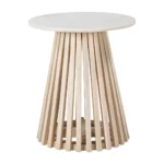 Round pedestal end table with white marble top and distressed natural solid wood base - Goldoma accent table