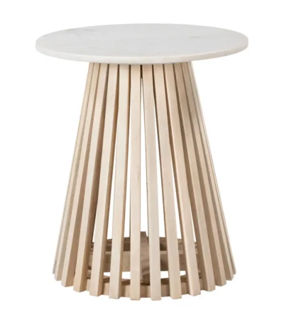 Round pedestal end table with white marble top and distressed natural solid wood base - Goldoma accent table