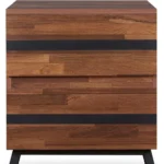 Black and brown wood and iron end table with two drawers in a living room setting