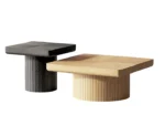 Goldoma modern nesting coffee table set in oak wood with cylindrical fluted pedestal on living room floor