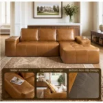Goldoma brown faux leather cloud sectional sofa with tufted back and deep seat chaise in a modern living room