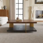 Goldoma modern square coffee table with stainless steel frame and wood top in living room