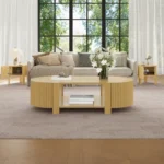 Goldoma oval fluted coffee table with storage in rubber solid wood, featuring a lower shelf and open storage doors, perfect for modern living rooms
