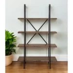Goldoma 79-inch industrial step bookcase with solid acacia wood shelves and black metal frame in a living room setting
