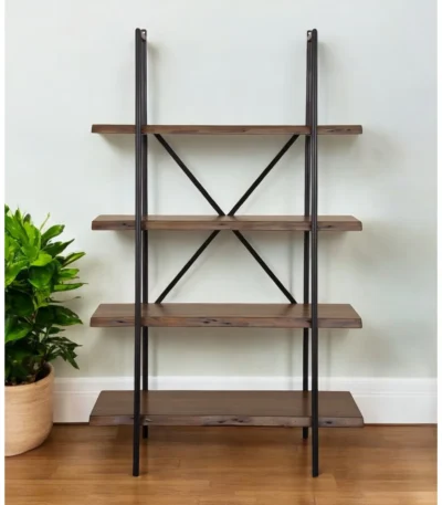 Goldoma 79-inch industrial step bookcase with solid acacia wood shelves and black metal frame in a living room setting