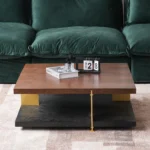 Goldoma modern coffee table in stainless steel and wood with square top and oval side shelf for living room