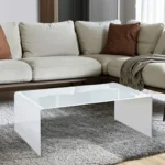 Farmhouse white glass coffee table with wooden sled base - Goldoma 24 inch rectangular coffee table