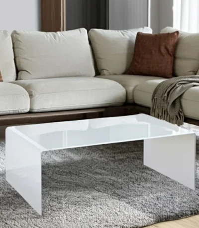 Farmhouse white glass coffee table with wooden sled base - Goldoma 24 inch rectangular coffee table