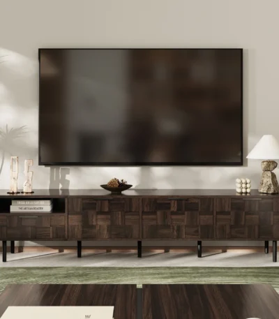 Goldoma mid-century modern wood TV stand for 65+ inch TVs with adjustable shelves and storage cabinets in natural wood finish