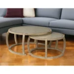 Goldoma brown glass nested coffee table set with solid wood base, vintage round design in living room