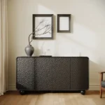 Modern buffet sideboard with four sunburst doors and solid wood legs in a living room setting