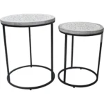 Farmhouse end table set of 2 with carved MDF tops and black metal sled bases in washed white