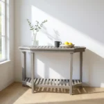 Goldoma farmhouse console table in gray blue with lower shelf in living room