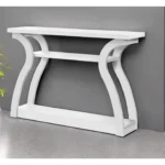 Goldoma 47-inch white console table with mirrored shelves in a living room entryway