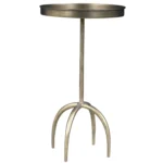Distressed brass pedestal end table with round raised tray top and iron construction, perfect as accent side table for living room