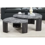 Goldoma oval fluted coffee table with storage in rubber solid wood, featuring a lower shelf and open storage doors, perfect for modern living rooms