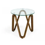 Goldoma 20-inch walnut round end table with clear glass ribbon base in living room