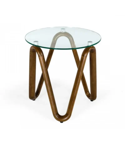 Goldoma 20-inch walnut round end table with clear glass ribbon base in living room