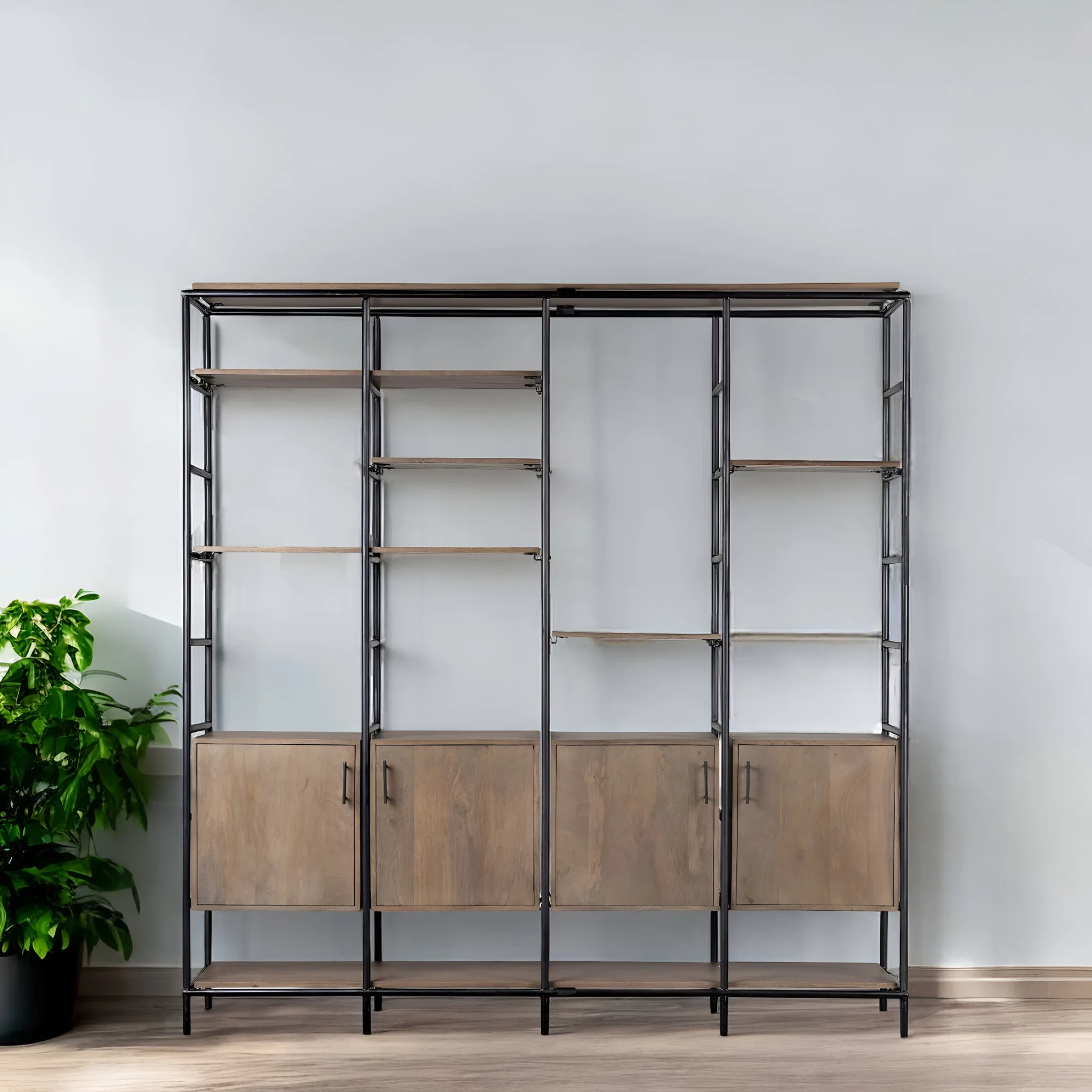 Hb8f827d49b0e47509d654d172b7fbc42p.webp Goldoma 90-inch tall bookcase brown metal and wood shelves with lower cabinets in a living room
