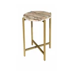 Marble end table with brown tan marble top and gold metal frame - Goldoma 21 inch round side table