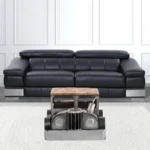 Goldoma vintage truck coffee table with solid wood top and grey metal base in living room