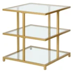 Goldoma brass and glass end table with two shelves, clear glass top, and brass steel base for living room