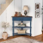 Goldoma solid wood corner table in navy blue with three tiers in a living room corner