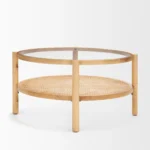 Goldoma round glass coffee table with solid wood frame and cane rattan shelf in living room
