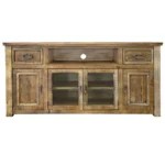 Goldoma 70-inch solid wood distressed TV stand in brown with enclosed storage and cord management in a living room