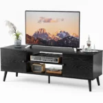 Black pine wood TV stand for 55-60 inch TVs with storage cabinets and adjustable shelf by Goldoma
