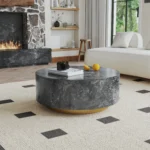 Modern round coffee table with drawer featuring marble pattern finish and solid wood legs - Goldoma