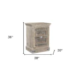White distressed solid wood nightstand with two drawers and open shelf