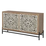 Goldoma vintage carved wood console table with floral doors and black metal base in a living room entryway as a storage sideboard