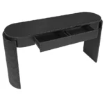 Modern fluted wood console table with natural oak finish and storage in entryway