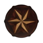 Goldoma 28-inch round coffee table with brown wood top and black metal shelf in a modern rustic living room