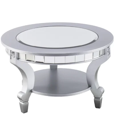 Silver mirrored round coffee table with metal frame in living room - Goldoma 29 inch round mirrored coffee table