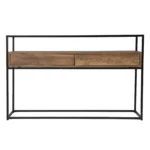 Goldoma 48-inch glass console table with black metal frame and lower shelf in modern living room