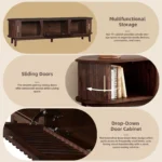 Goldoma Mid-Century Wood TV Stand for 75 inch TVs with adjustable storage cabinets and tapered legs in natural walnut finish