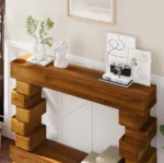 Goldoma solid wood console table with storage and warm natural finish in entryway