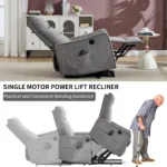 Goldoma power lift recliner in light grey chenille upholstery with massage and heat, showing reclined position and side USB ports