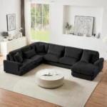 Goldoma 101.2-inch beige corduroy sectional sofa with deep seating and side pockets in a living room