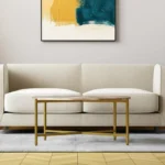 Goldoma 32 inch round genuine marble coffee table with brown marble top and gold metal base in living room setting
